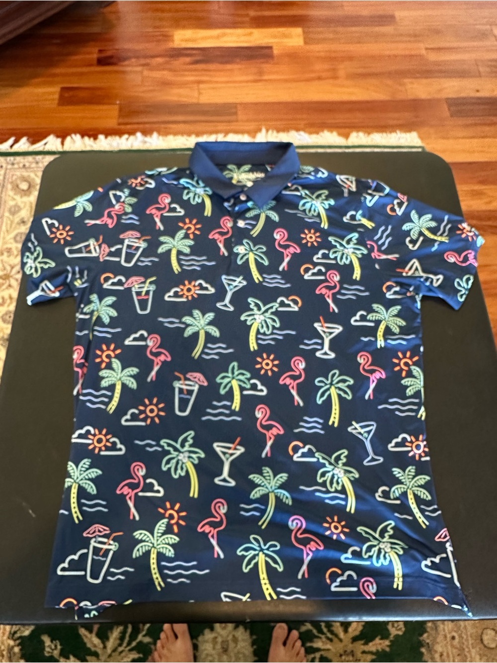 Chubbies Navy Tropical Print Polo Shirt - Neon Flamingo & Palm 2XL